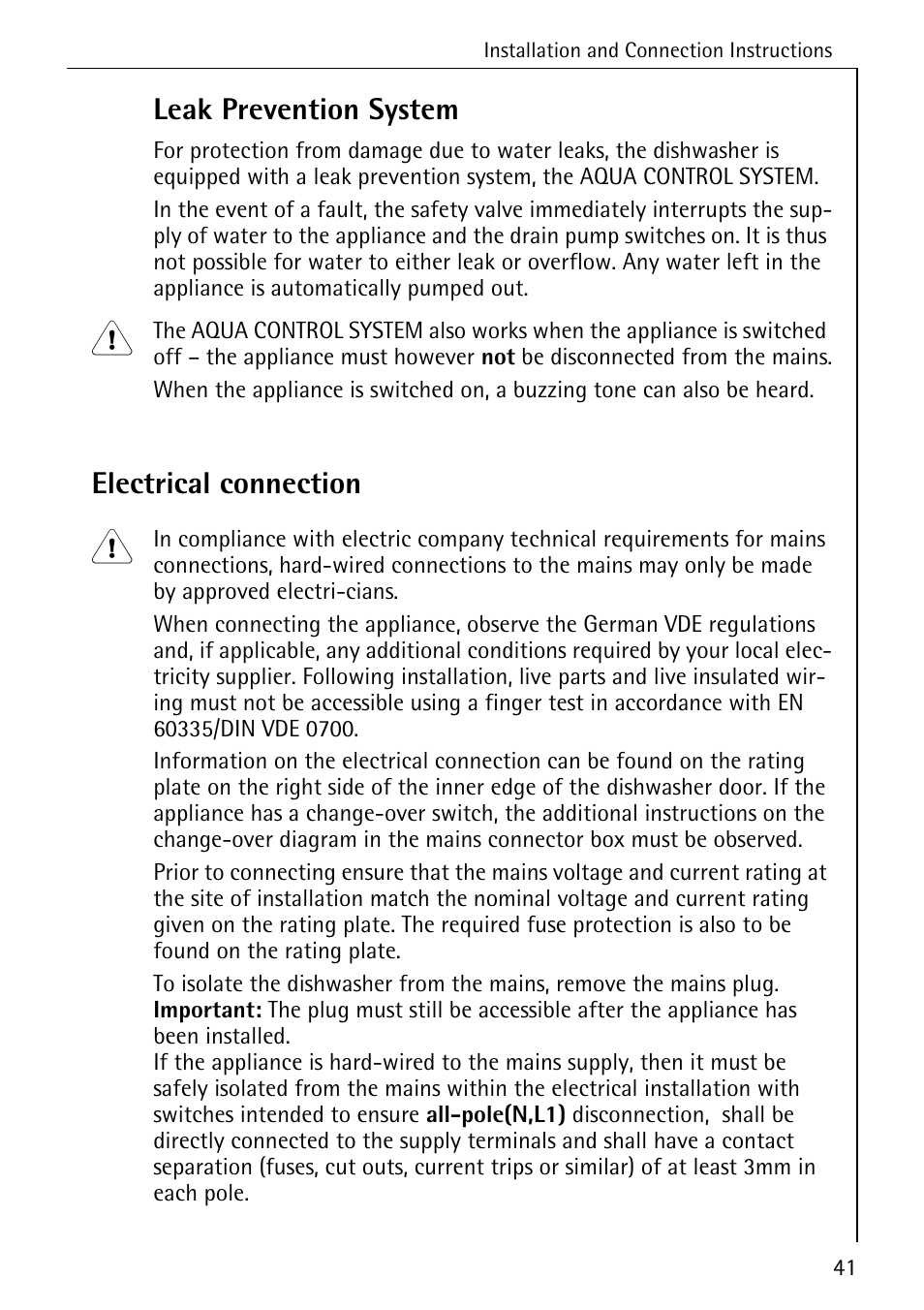 Leak prevention system, Electrical connection | AEG KO_FAVORIT 80800 User Manual | Page 41 / 48