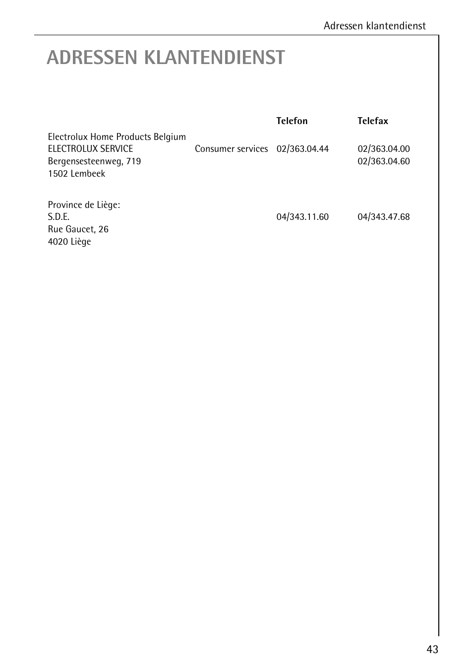 Adressen klantendienst | AEG KO_FAVORIT 80800 User Manual | Page 43 / 48