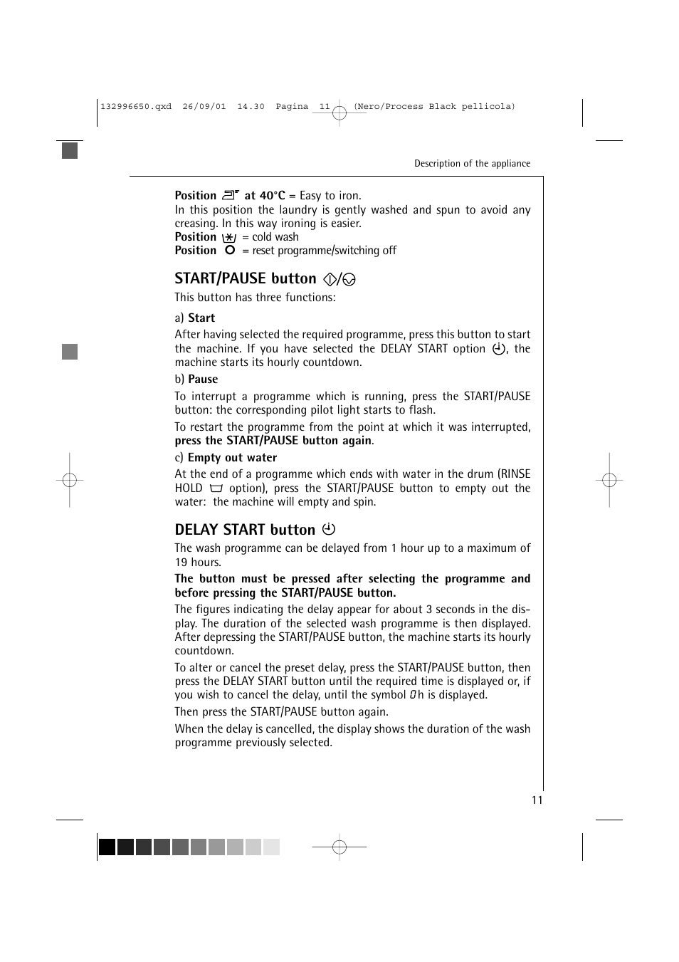 Start/pause button, Delay start button | AEG LAVAMAT L 1045 E User Manual | Page 11 / 44