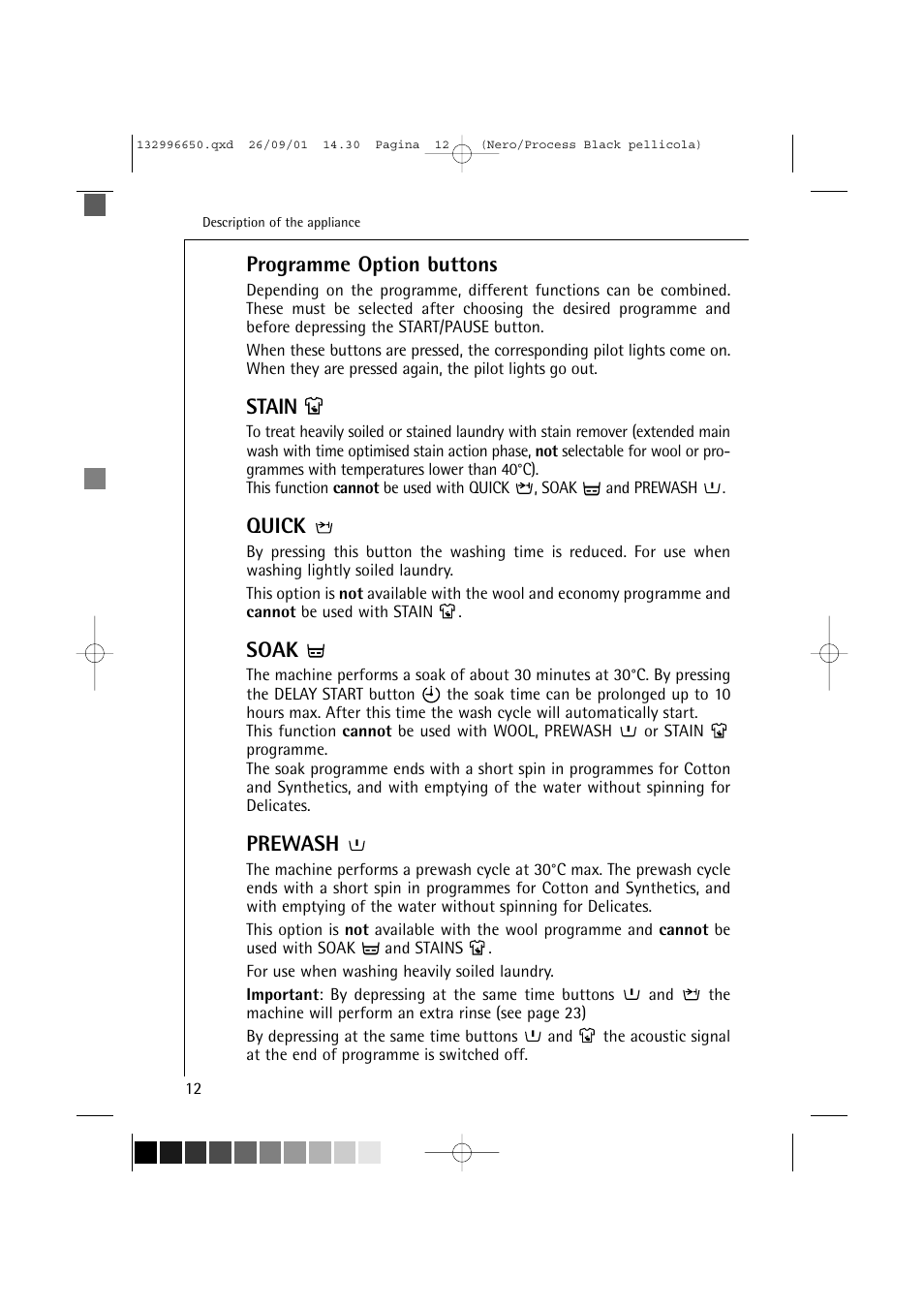 Programme option buttons, Stain, Quick | Soak, Prewash | AEG LAVAMAT L 1045 E User Manual | Page 12 / 44