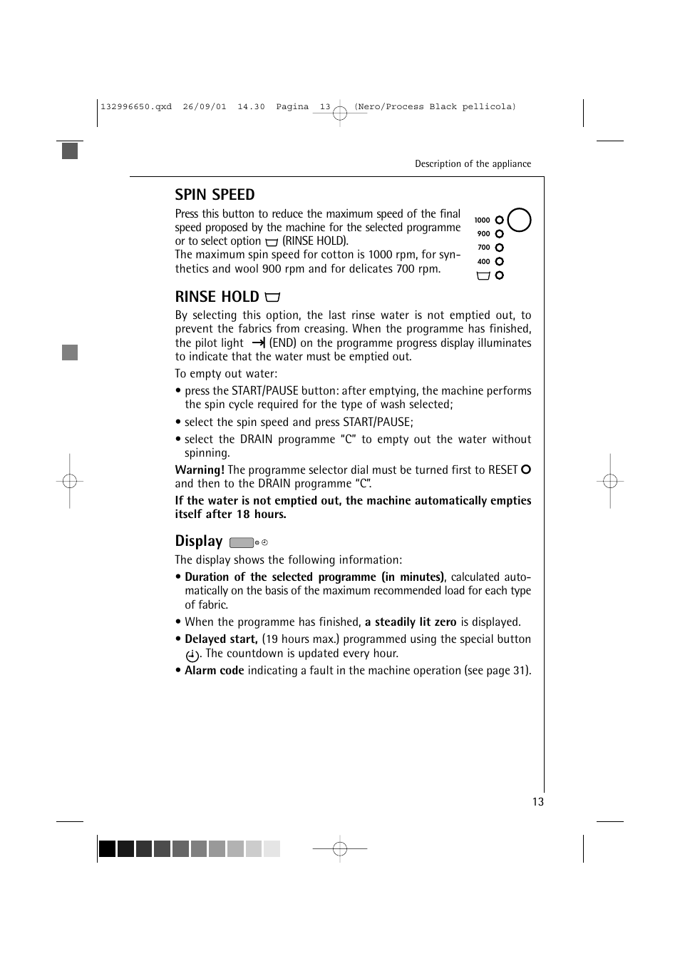 Spin speed, Rinse hold, Display | AEG LAVAMAT L 1045 E User Manual | Page 13 / 44