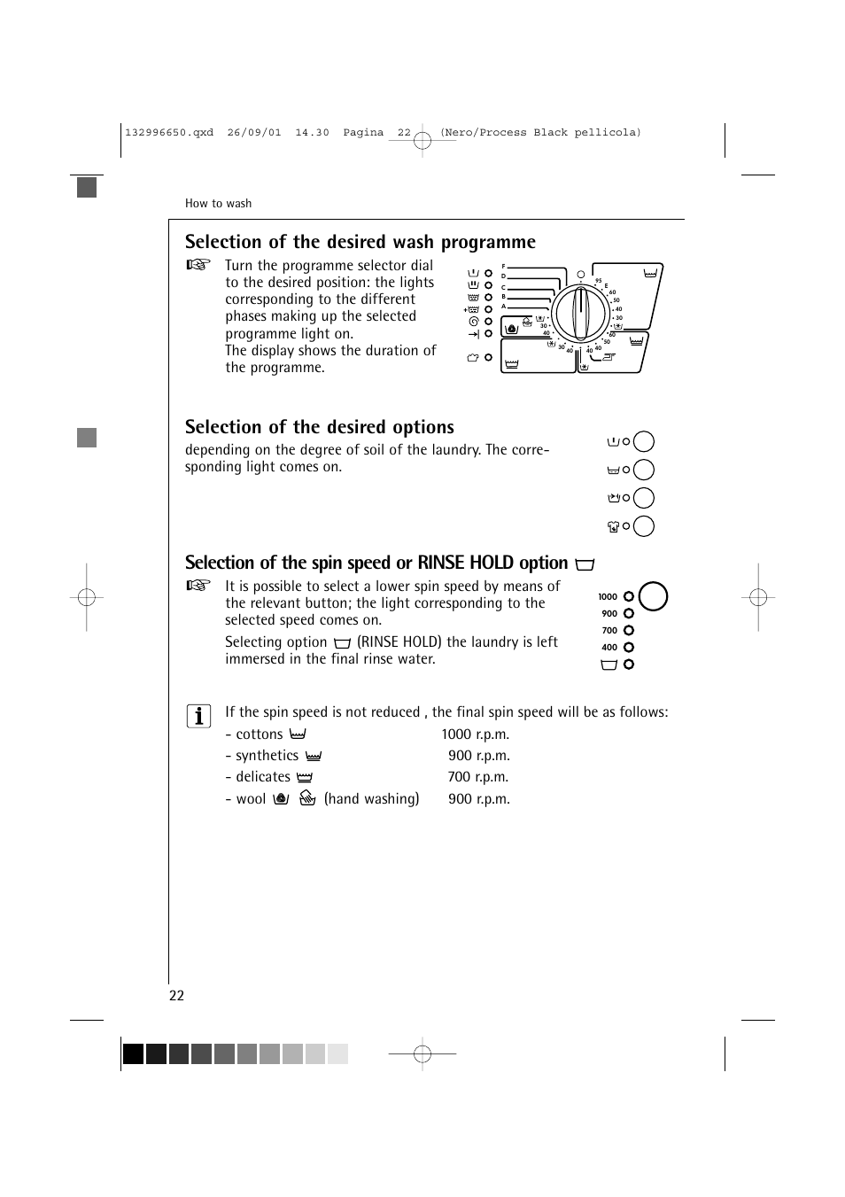 Selection of the desired wash programme, Selection of the desired options, Selection of the spin speed or rinse hold option | AEG LAVAMAT L 1045 E User Manual | Page 22 / 44