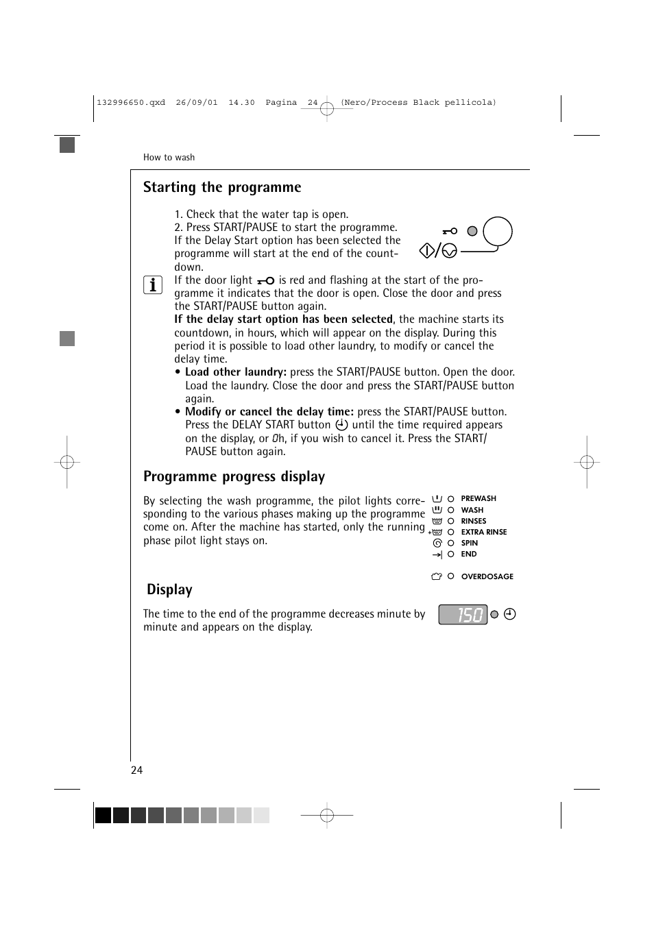 Starting the programme, Programme progress display, Display | AEG LAVAMAT L 1045 E User Manual | Page 24 / 44