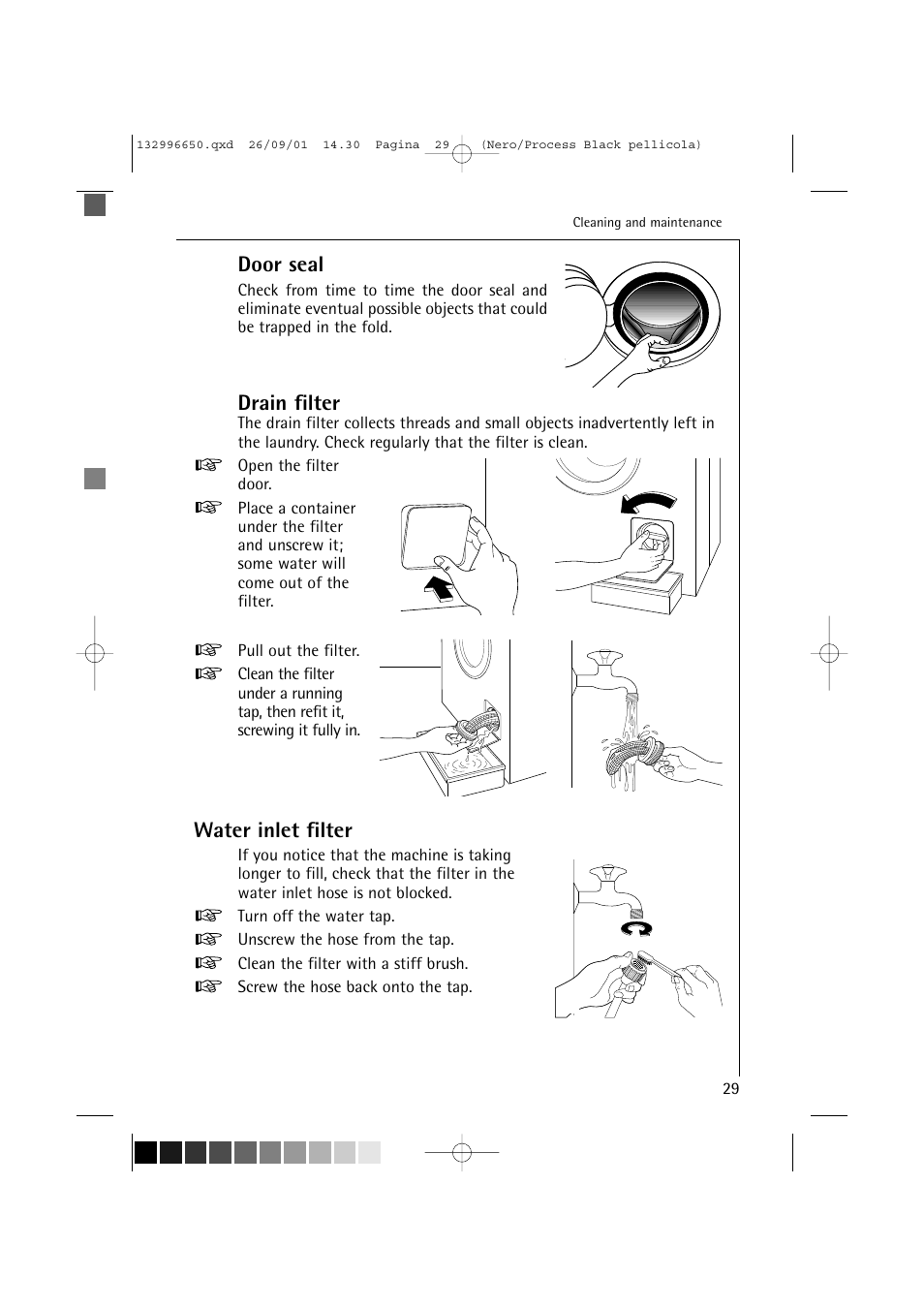 Door seal, Drain filter, Water inlet filter | AEG LAVAMAT L 1045 E User Manual | Page 29 / 44