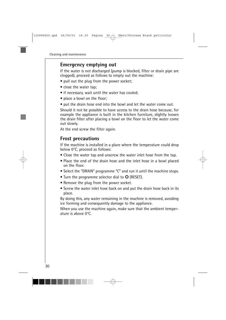 Emergency emptying out, Frost precautions | AEG LAVAMAT L 1045 E User Manual | Page 30 / 44