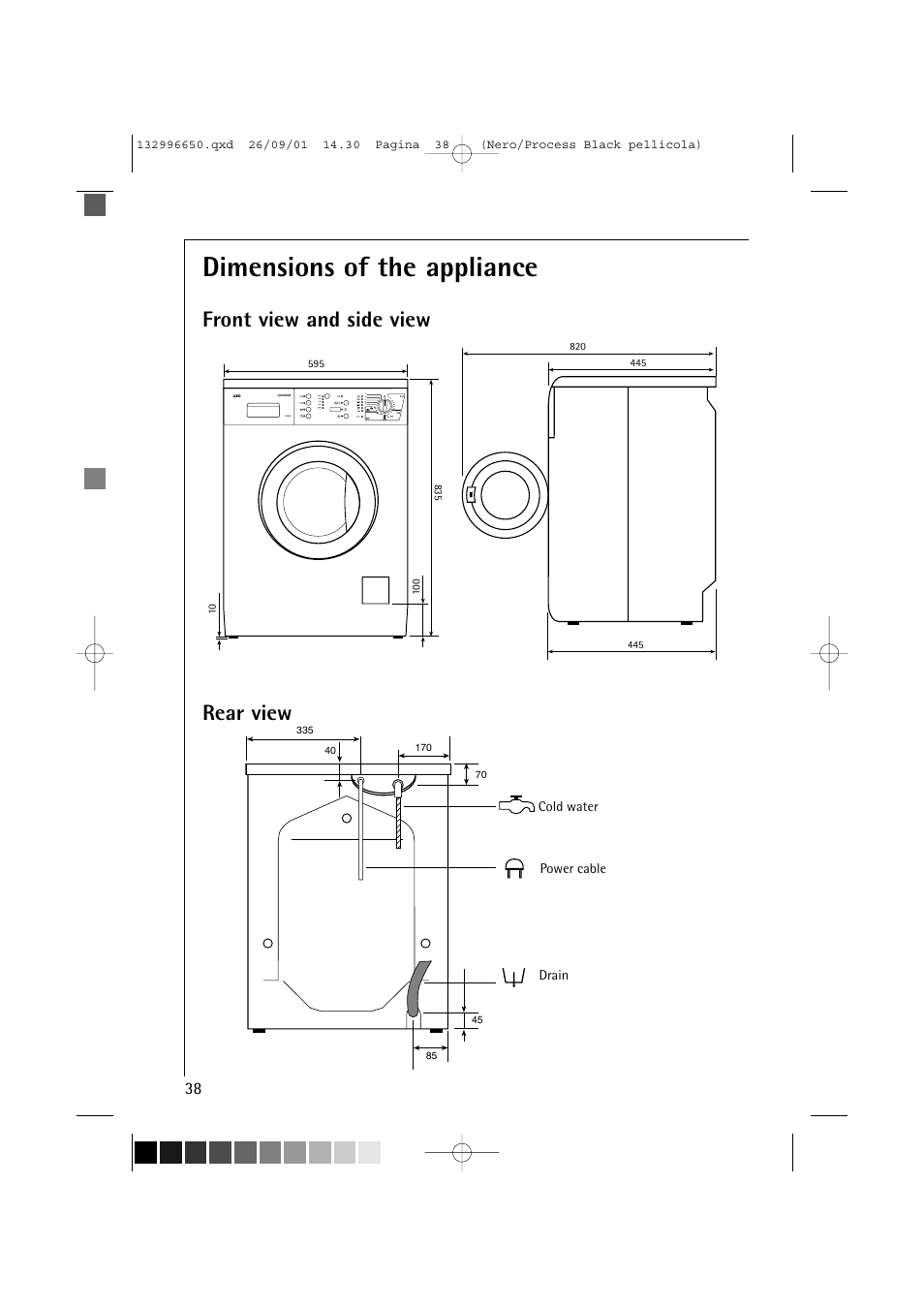 Dimensions of the appliance, Front view and side view rear view | AEG LAVAMAT L 1045 E User Manual | Page 38 / 44