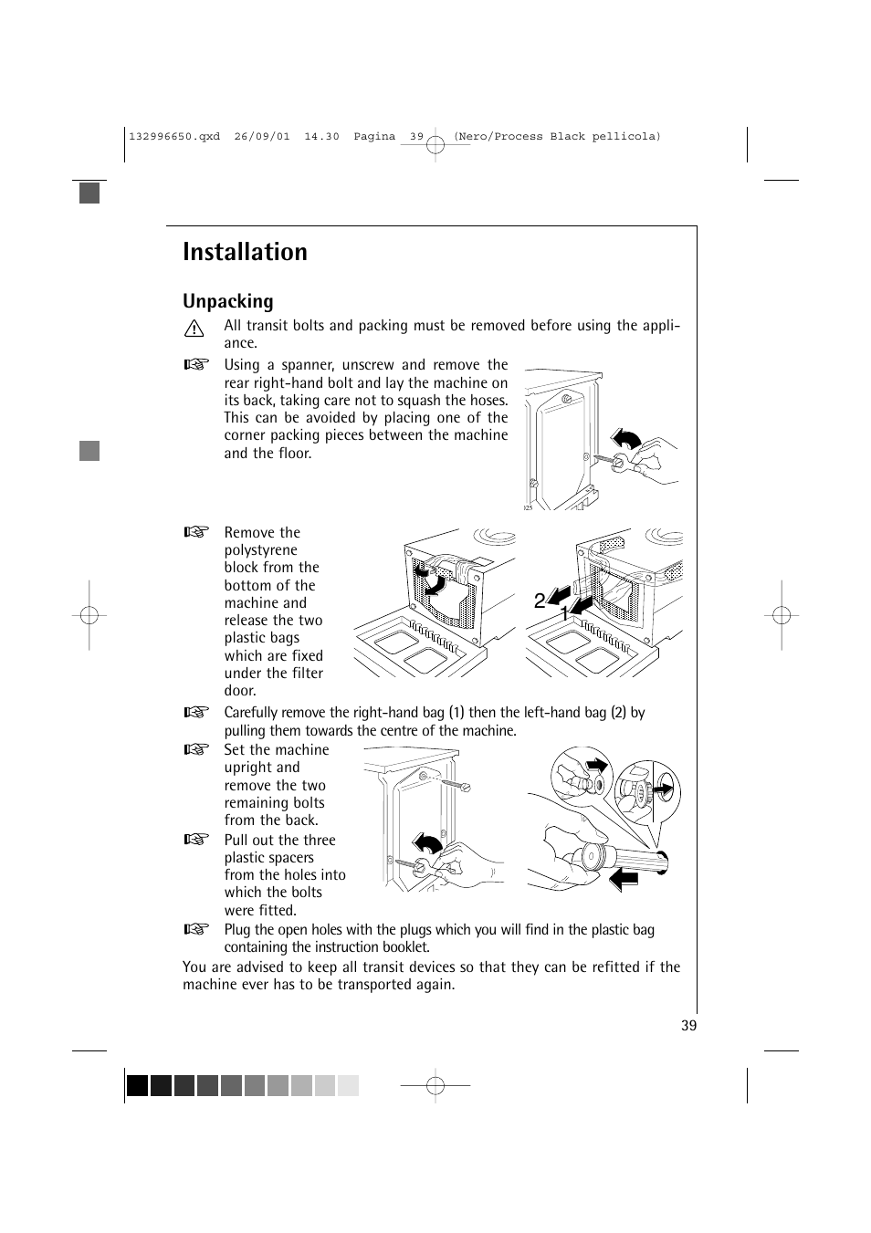 Installation, Unpacking | AEG LAVAMAT L 1045 E User Manual | Page 39 / 44