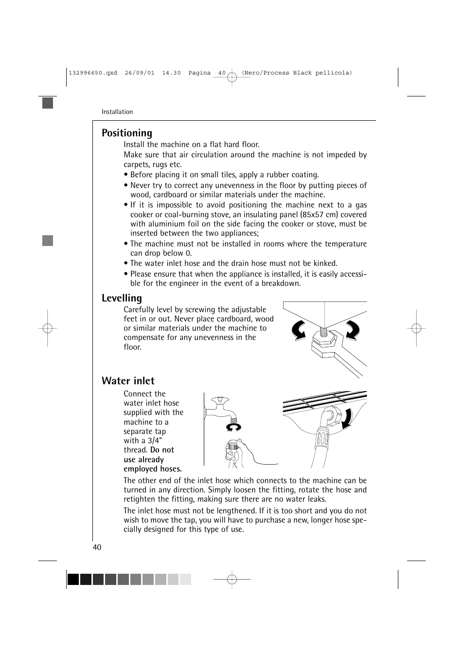 Positioning, Levelling, Water inlet | AEG LAVAMAT L 1045 E User Manual | Page 40 / 44