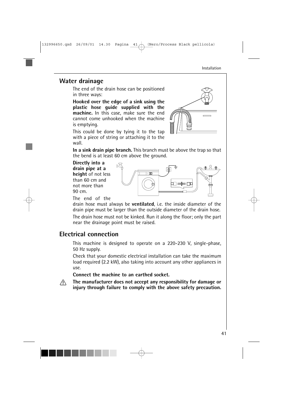 Water drainage, Electrical connection | AEG LAVAMAT L 1045 E User Manual | Page 41 / 44