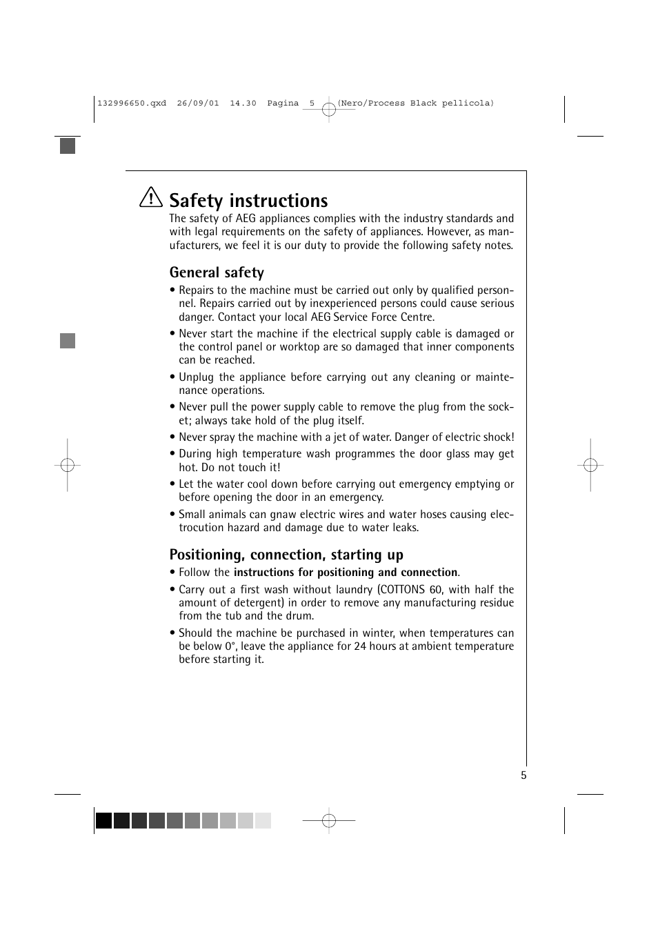 Safety instructions, General safety, Positioning, connection, starting up | AEG LAVAMAT L 1045 E User Manual | Page 5 / 44