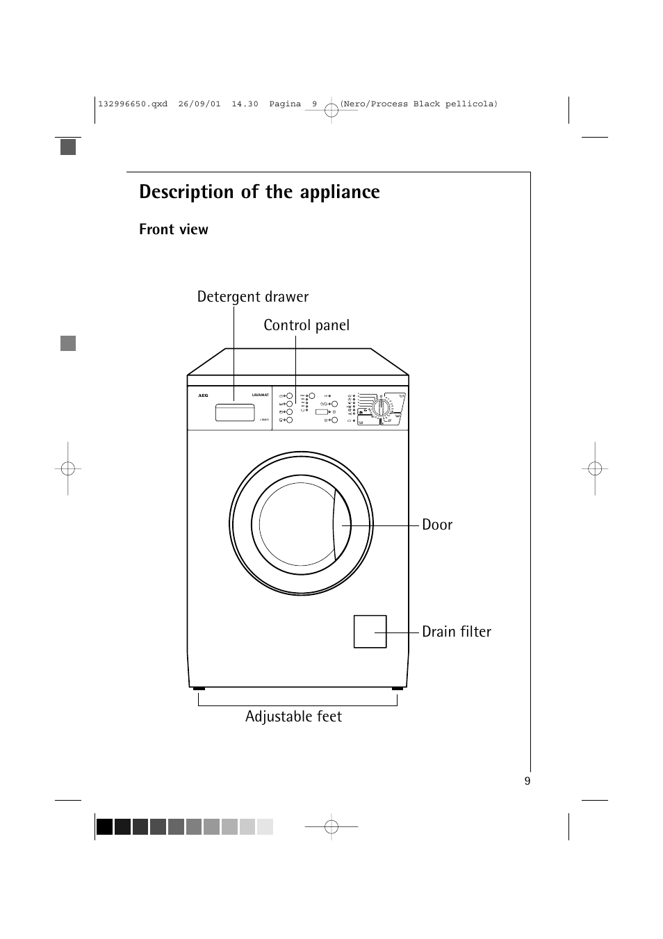 Description of the appliance, Front view | AEG LAVAMAT L 1045 E User Manual | Page 9 / 44