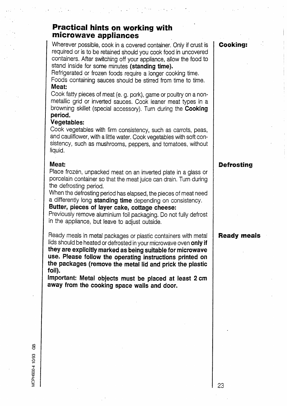 Meat, Cooking: defrosting ready meals | AEG MICROMAT 135 User Manual | Page 23 / 36