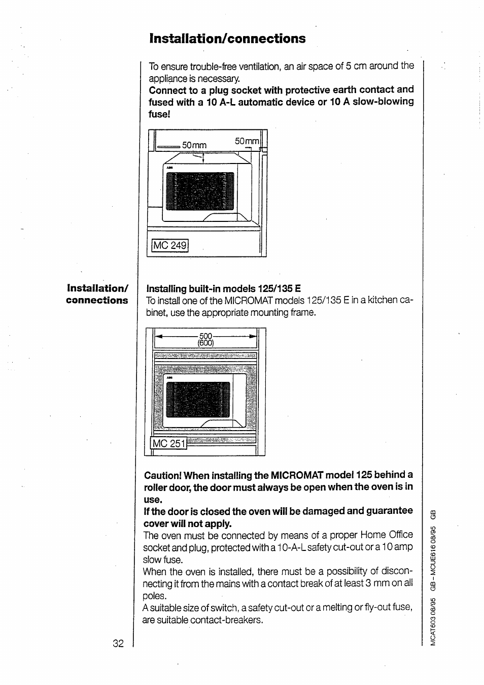 Instailation/connections, Installation/ connections | AEG MICROMAT 135 User Manual | Page 32 / 36