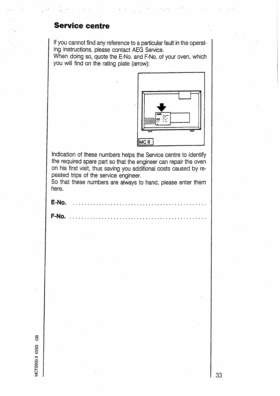 Service centre, E-no, F-no | AEG MICROMAT 135 User Manual | Page 33 / 36