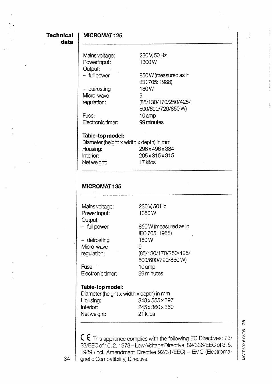 Technical data | AEG MICROMAT 135 User Manual | Page 34 / 36