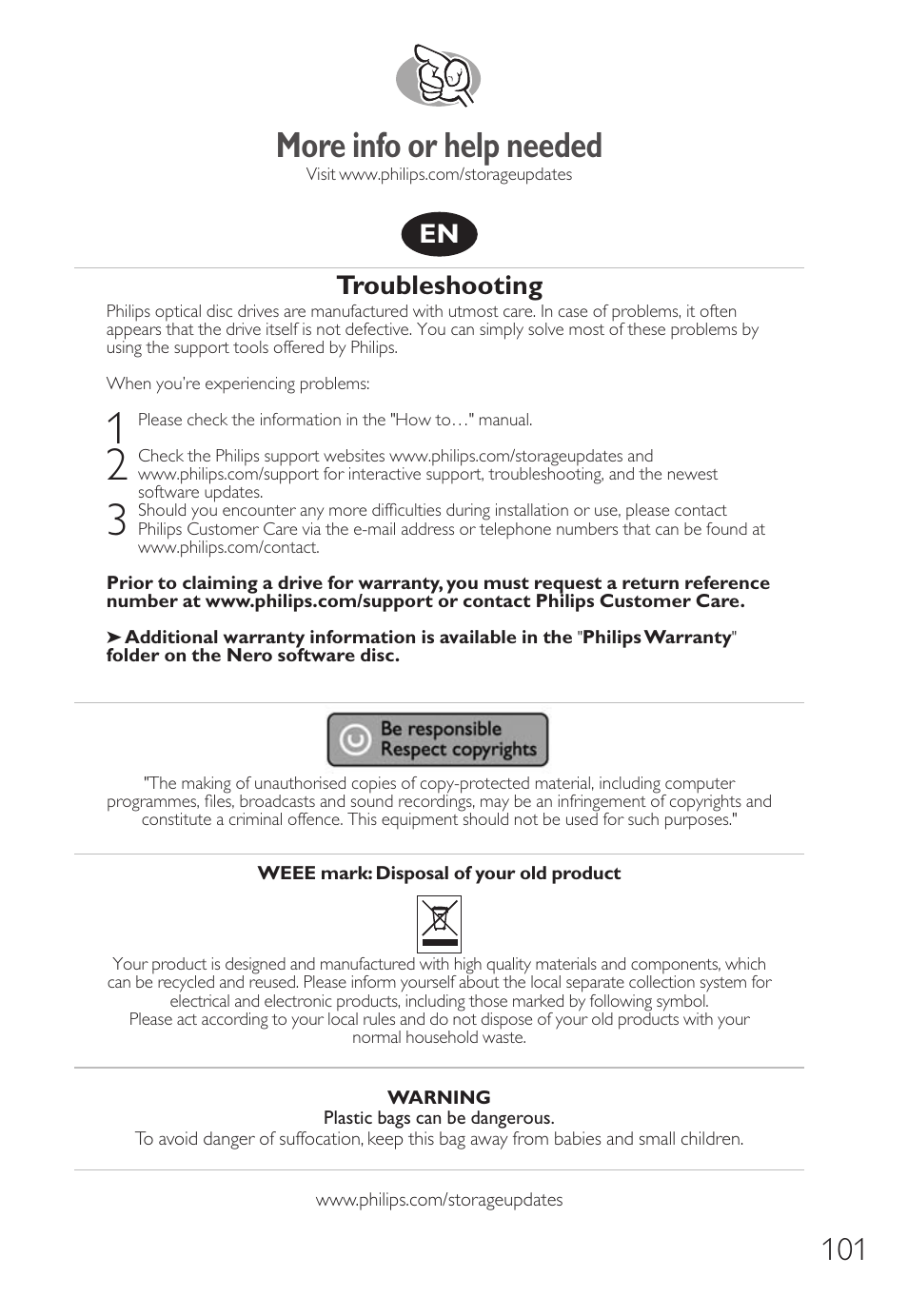 More info or help needed, Troubleshooting | Philips Unidad interna User Manual | Page 101 / 106