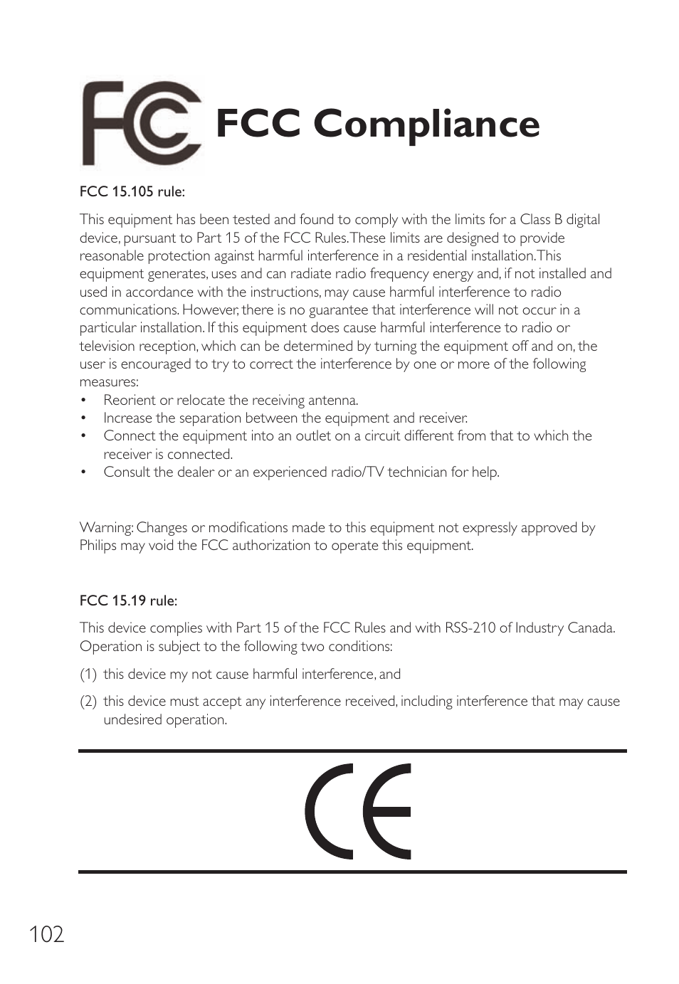 Fcc compliance | Philips Unidad interna User Manual | Page 102 / 106