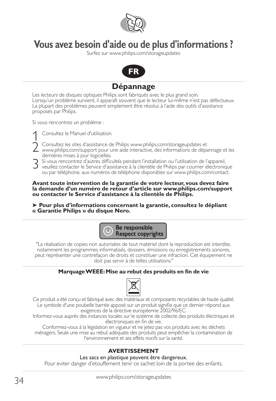 Vous avez besoin d'aide ou de plus d'informations, Dépannage | Philips Unidad interna User Manual | Page 34 / 106