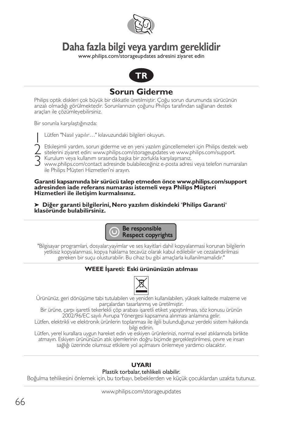 Daha fazla bilgi veya yardım gereklidir, Sorun giderme | Philips Unidad interna User Manual | Page 66 / 106