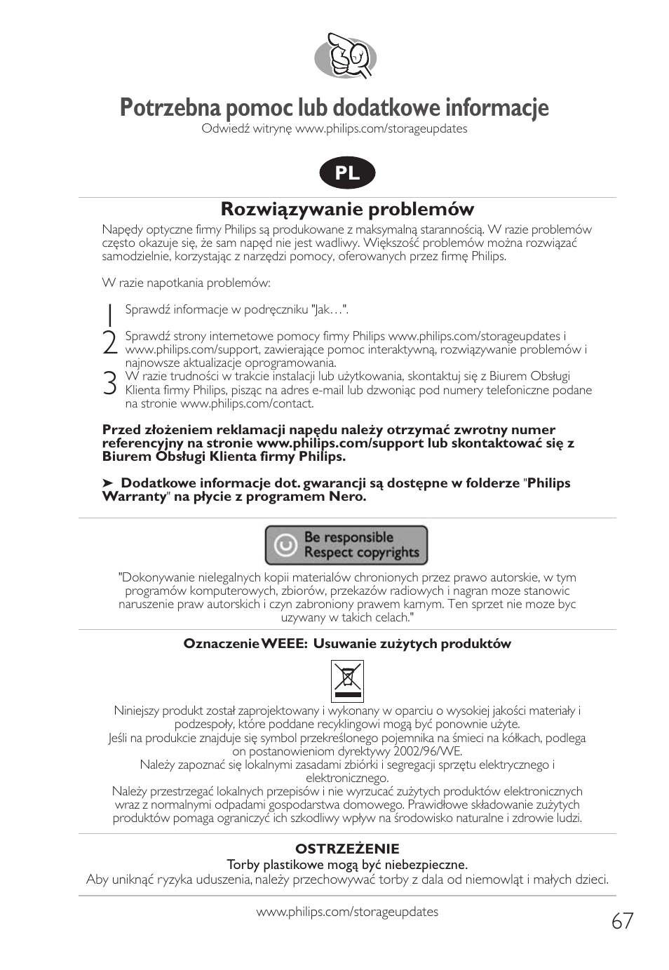 Potrzebna pomoc lub dodatkowe informacje, Rozwiązywanie problemów | Philips Unidad interna User Manual | Page 67 / 106