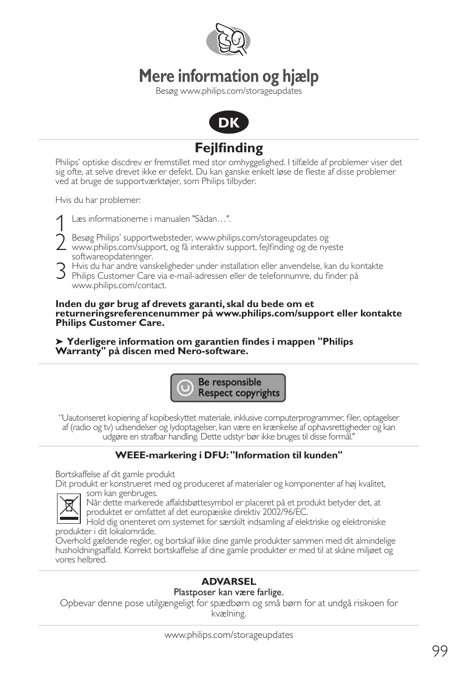 Mere information og hjælp, Fejlfinding | Philips Unidad interna User Manual | Page 99 / 106