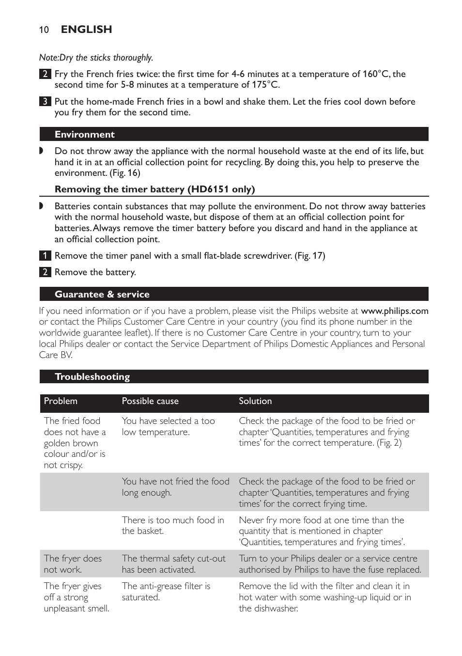Environment, Removing the timer battery (hd6151 only), Guarantee & service | Troubleshooting | Philips Freidora User Manual | Page 10 / 92