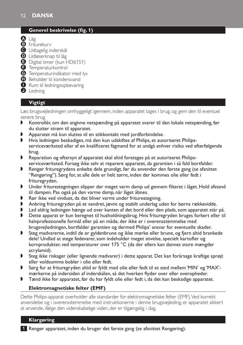 Dansk, Generel beskrivelse﻿ (fig. 1), Vigtigt | Elektromagnetiske felter (emf), Klargøring | Philips Freidora User Manual | Page 12 / 92