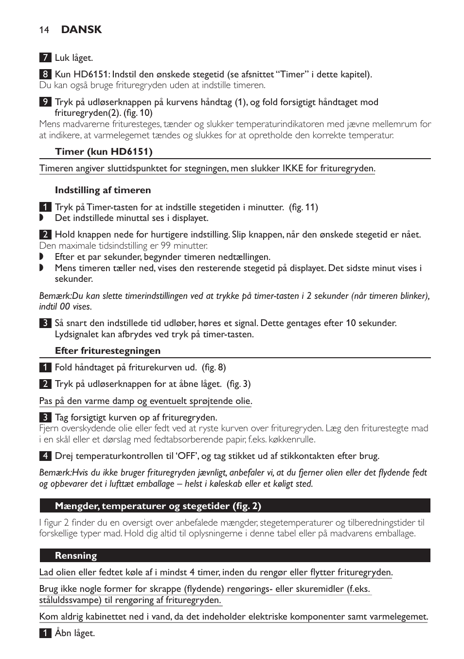 Timer (kun hd6151), Indstilling af timeren, Efter friturestegningen | Mængder, temperaturer og stegetider﻿ (fig. 2), Rensning | Philips Freidora User Manual | Page 14 / 92