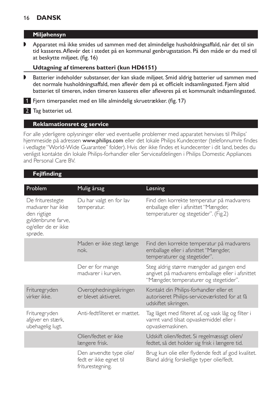 Miljøhensyn, Udtagning af timerens batteri (kun hd6151), Reklamationsret og service | Fejlfinding | Philips Freidora User Manual | Page 16 / 92