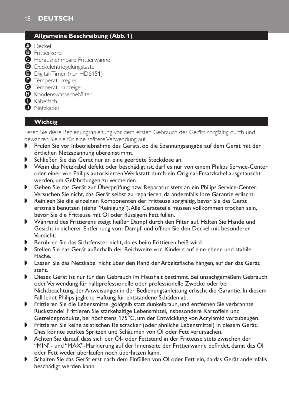 Deutsch, Allgemeine beschreibung﻿ (abb. 1), Wichtig | Philips Freidora User Manual | Page 18 / 92