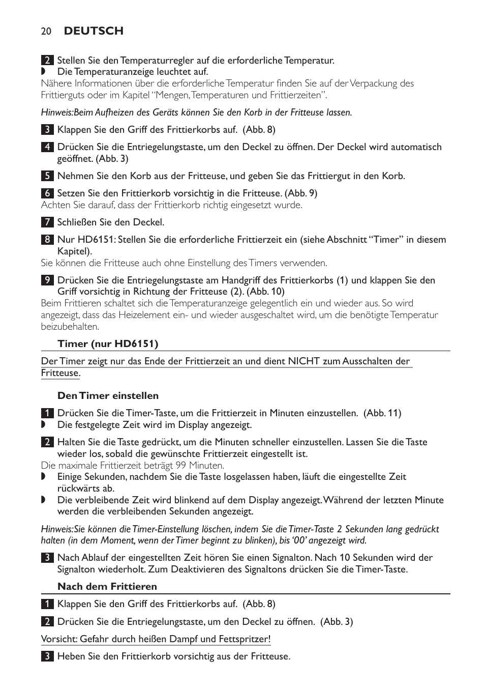 Timer (nur hd6151), Den timer einstellen, Nach dem frittieren | Philips Freidora User Manual | Page 20 / 92