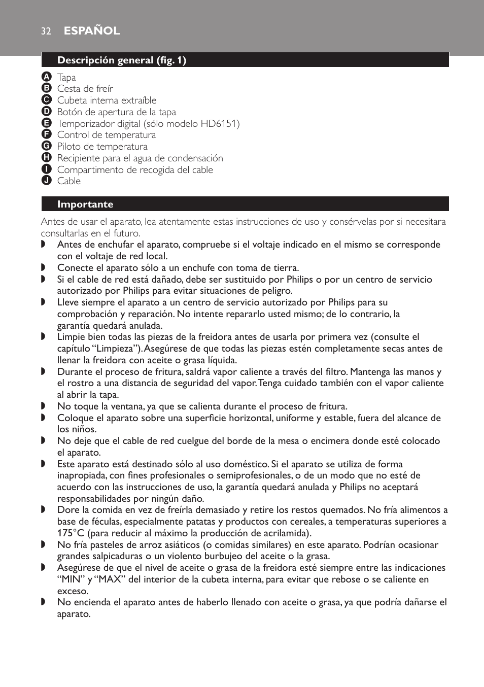 Español, Descripción general﻿ (fig. 1), Importante | Campos electromagnéticos (cem) | Philips Freidora User Manual | Page 32 / 92