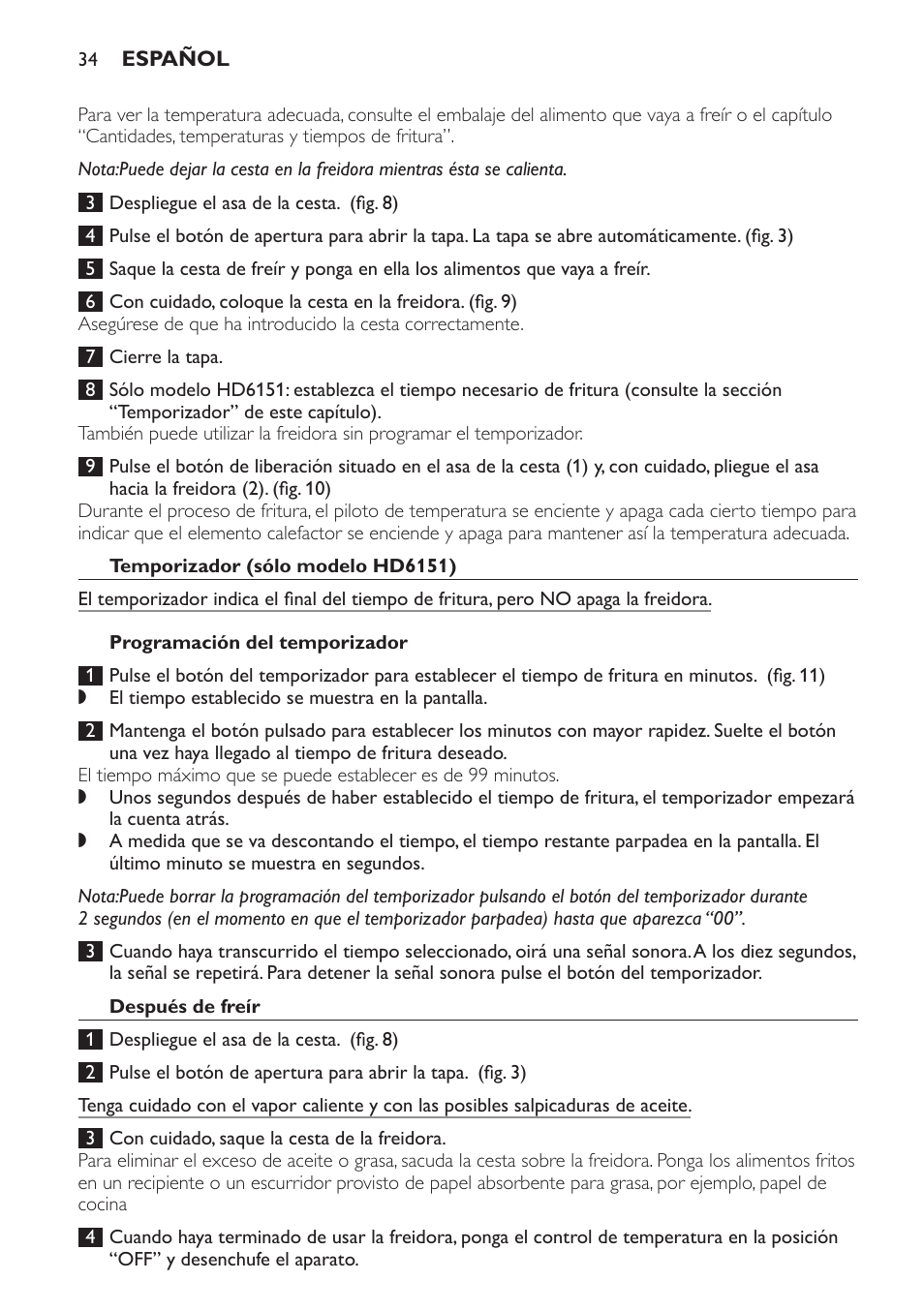 Temporizador (sólo modelo hd6151), Programación del temporizador, Después de freír | Philips Freidora User Manual | Page 34 / 92