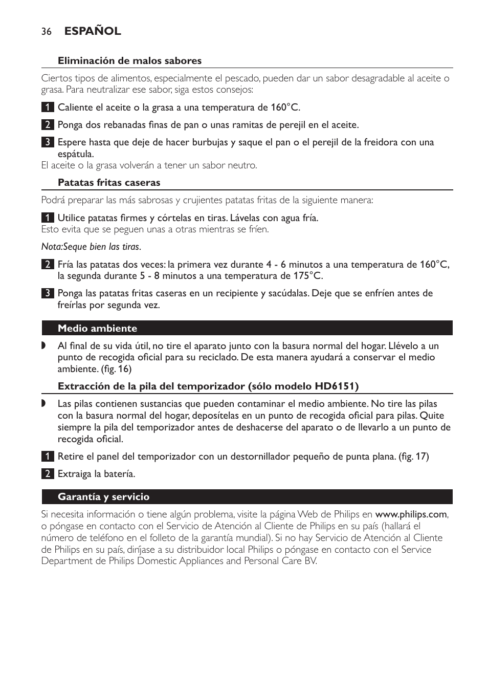 Eliminación de malos sabores, Patatas fritas caseras, Medio ambiente | Garantía y servicio | Philips Freidora User Manual | Page 36 / 92