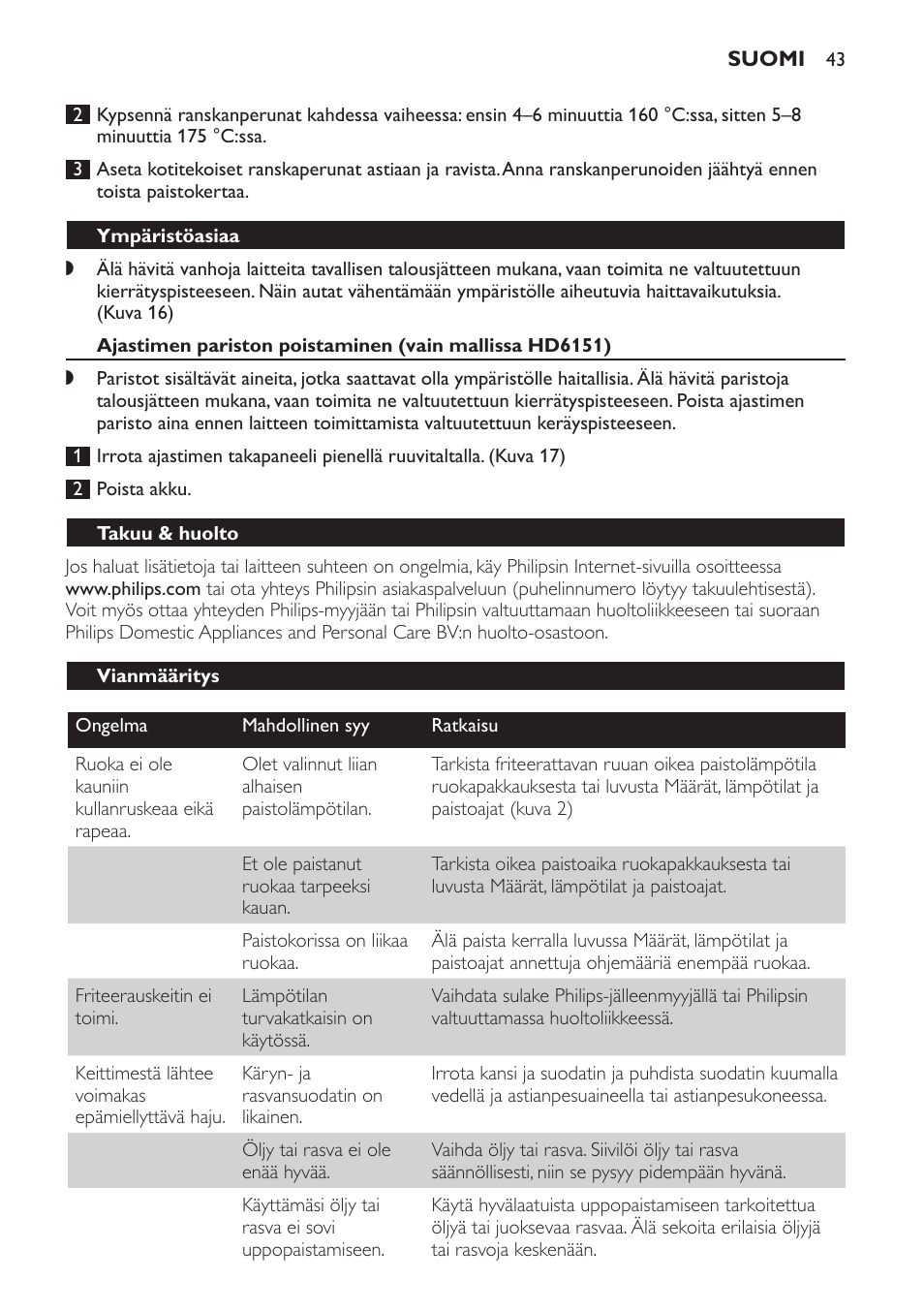 Ympäristöasiaa, Takuu & huolto, Vianmääritys | Philips Freidora User Manual | Page 43 / 92