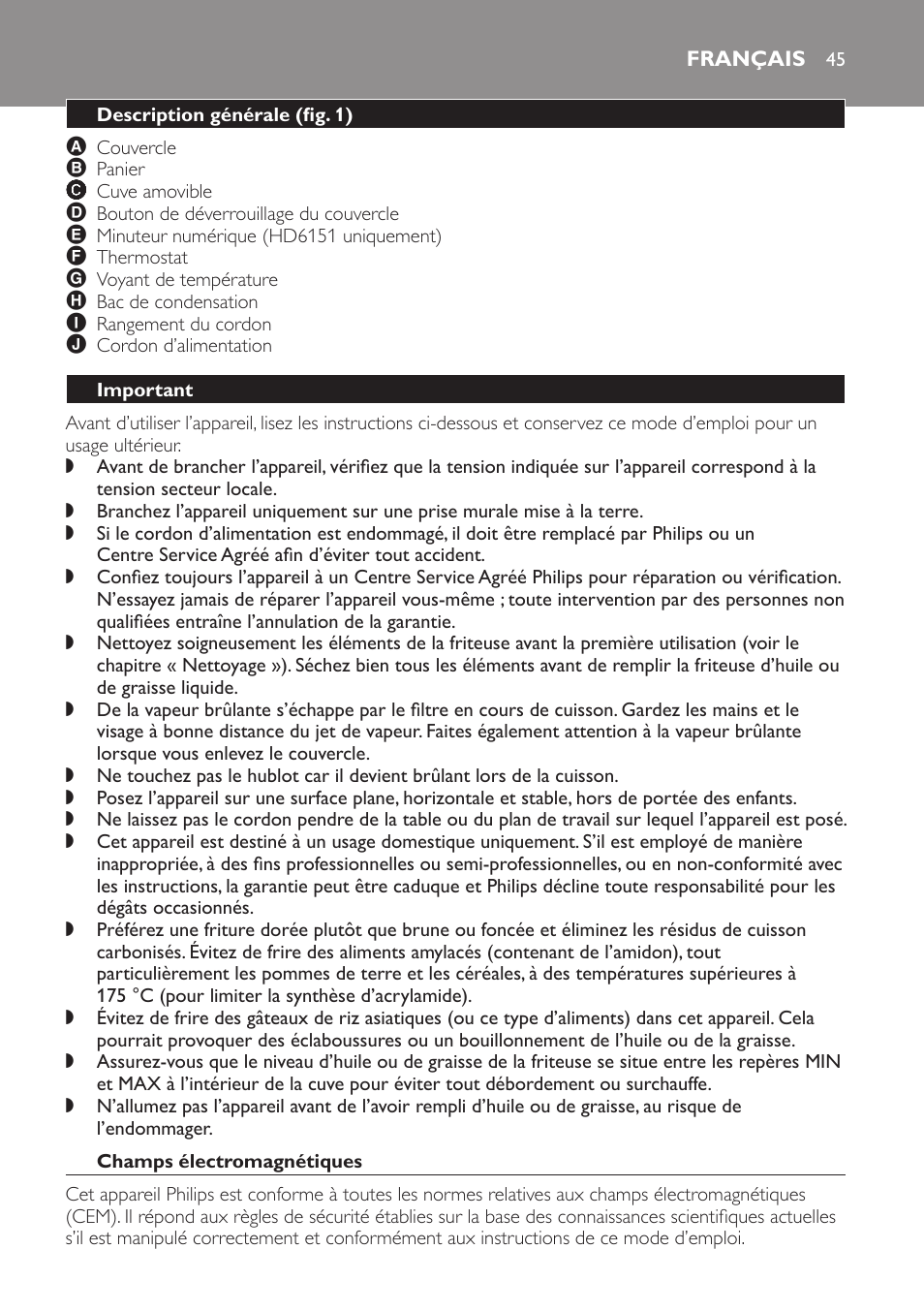 Français, Description générale﻿ (fig. 1), Important | Champs électromagnétiques | Philips Freidora User Manual | Page 45 / 92