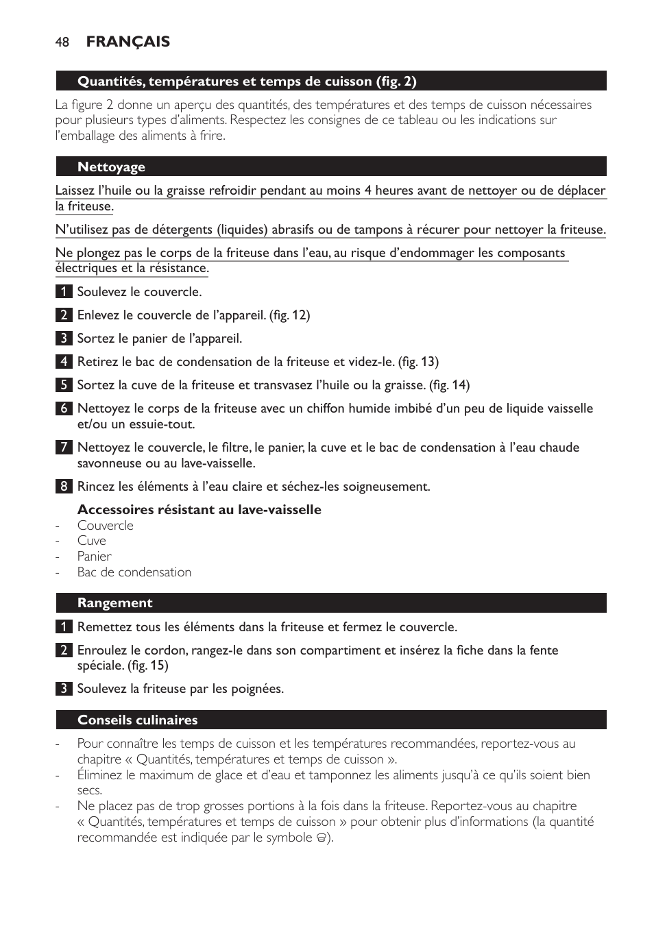 Accessoires résistant au lave-vaisselle, Nettoyage, Rangement | Conseils culinaires | Philips Freidora User Manual | Page 48 / 92