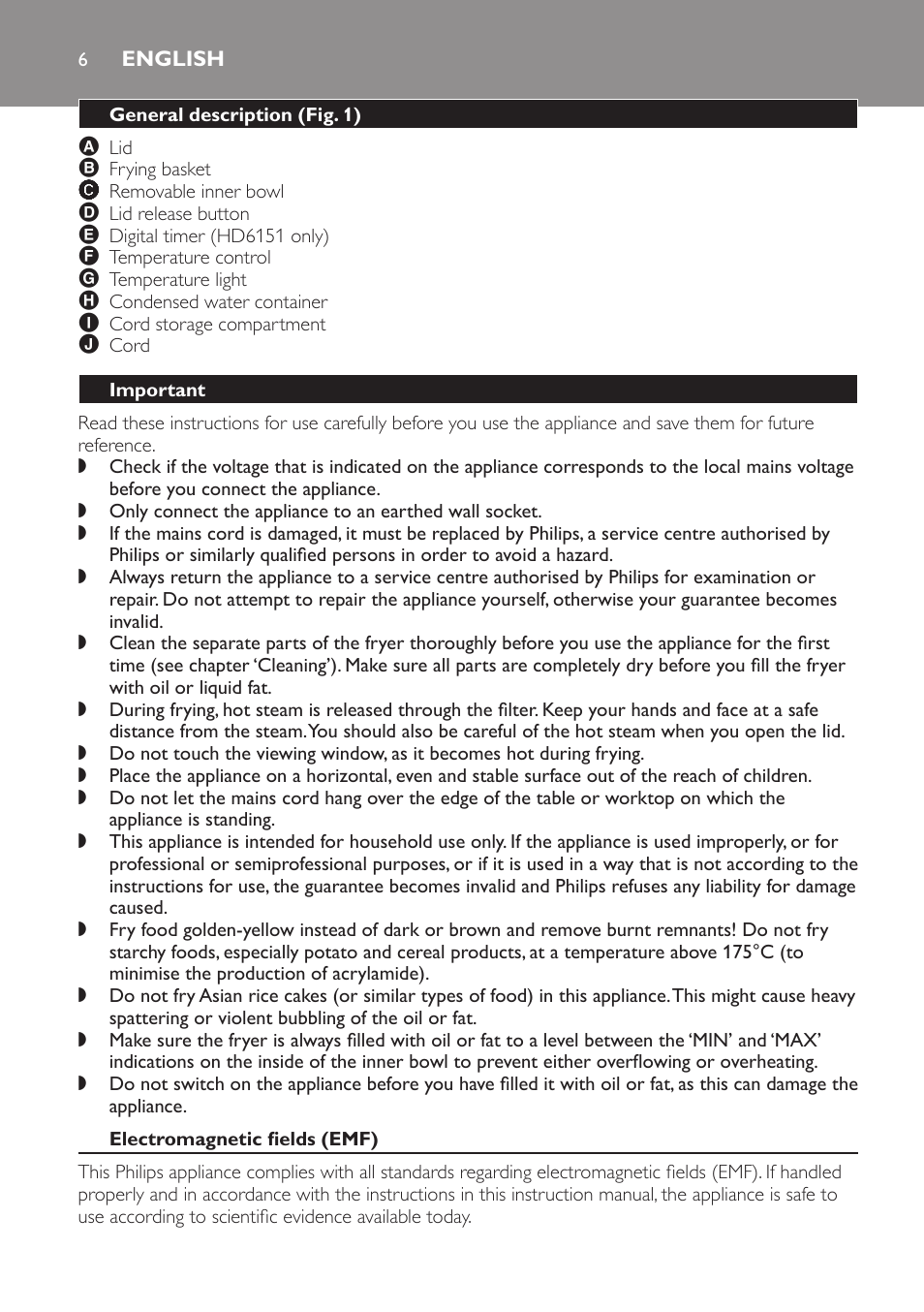 English, General description﻿ (fig. 1), Important | Electromagnetic fields (emf) | Philips Freidora User Manual | Page 6 / 92
