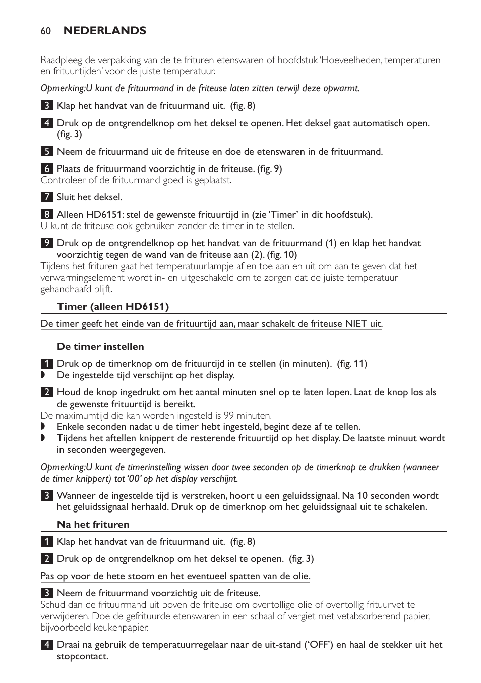 Timer (alleen hd6151), De timer instellen, Na het frituren | Philips Freidora User Manual | Page 60 / 92