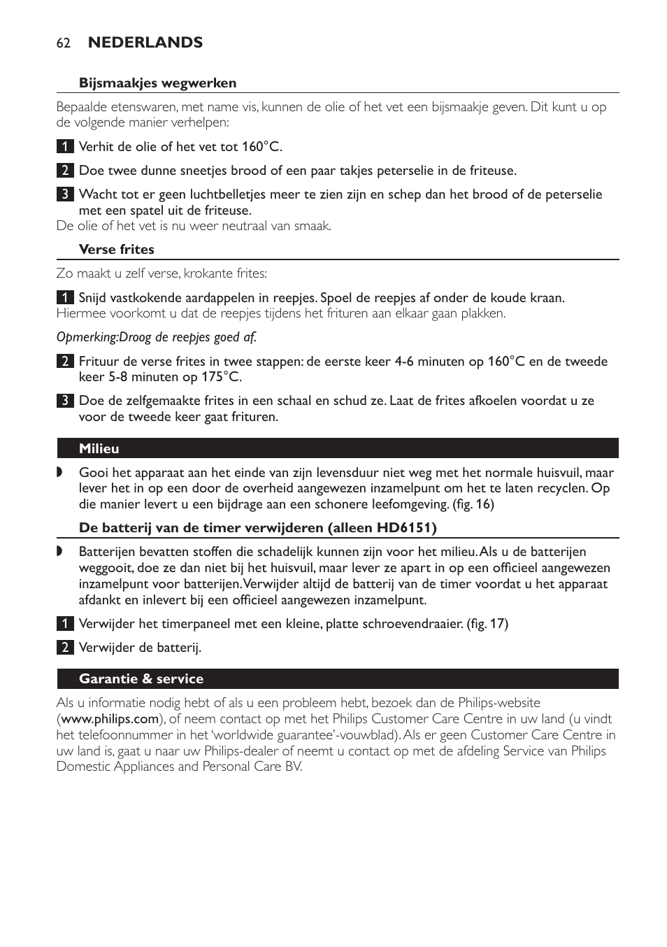 Bijsmaakjes wegwerken, Verse frites, Milieu | Garantie & service | Philips Freidora User Manual | Page 62 / 92