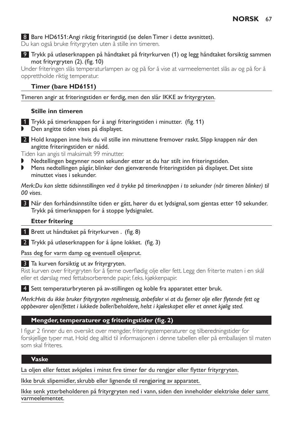 Timer (bare hd6151), Stille inn timeren, Etter fritering | Mengder, temperaturer og friteringstider﻿ (fig. 2), Vaske | Philips Freidora User Manual | Page 67 / 92