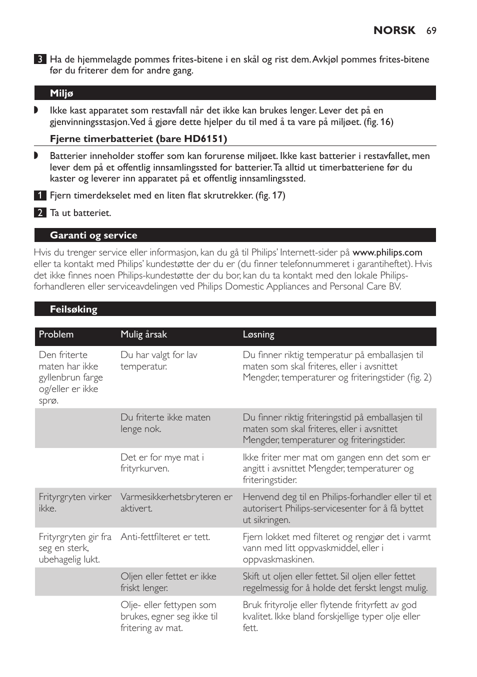 Miljø, Fjerne timerbatteriet (bare hd6151), Garanti og service | Feilsøking | Philips Freidora User Manual | Page 69 / 92