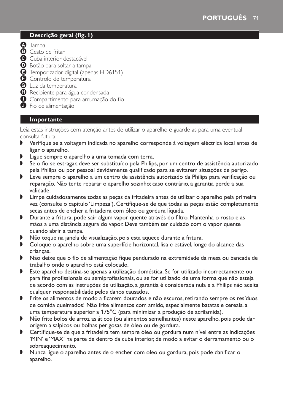 Português, Descrição geral﻿ (fig. 1), Importante | Philips Freidora User Manual | Page 71 / 92