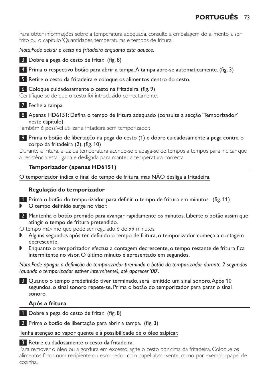 Temporizador (apenas hd6151), Regulação do temporizador, Após a fritura | Philips Freidora User Manual | Page 73 / 92