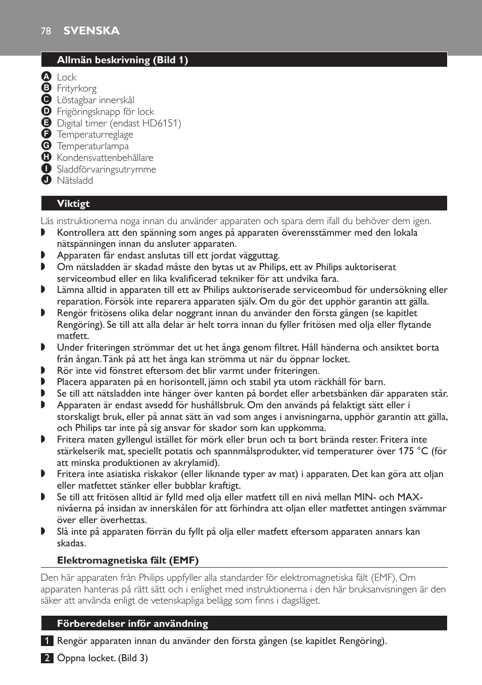 Svenska, Allmän beskrivning﻿ (bild 1), Viktigt | Elektromagnetiska fält (emf), Förberedelser inför användning | Philips Freidora User Manual | Page 78 / 92