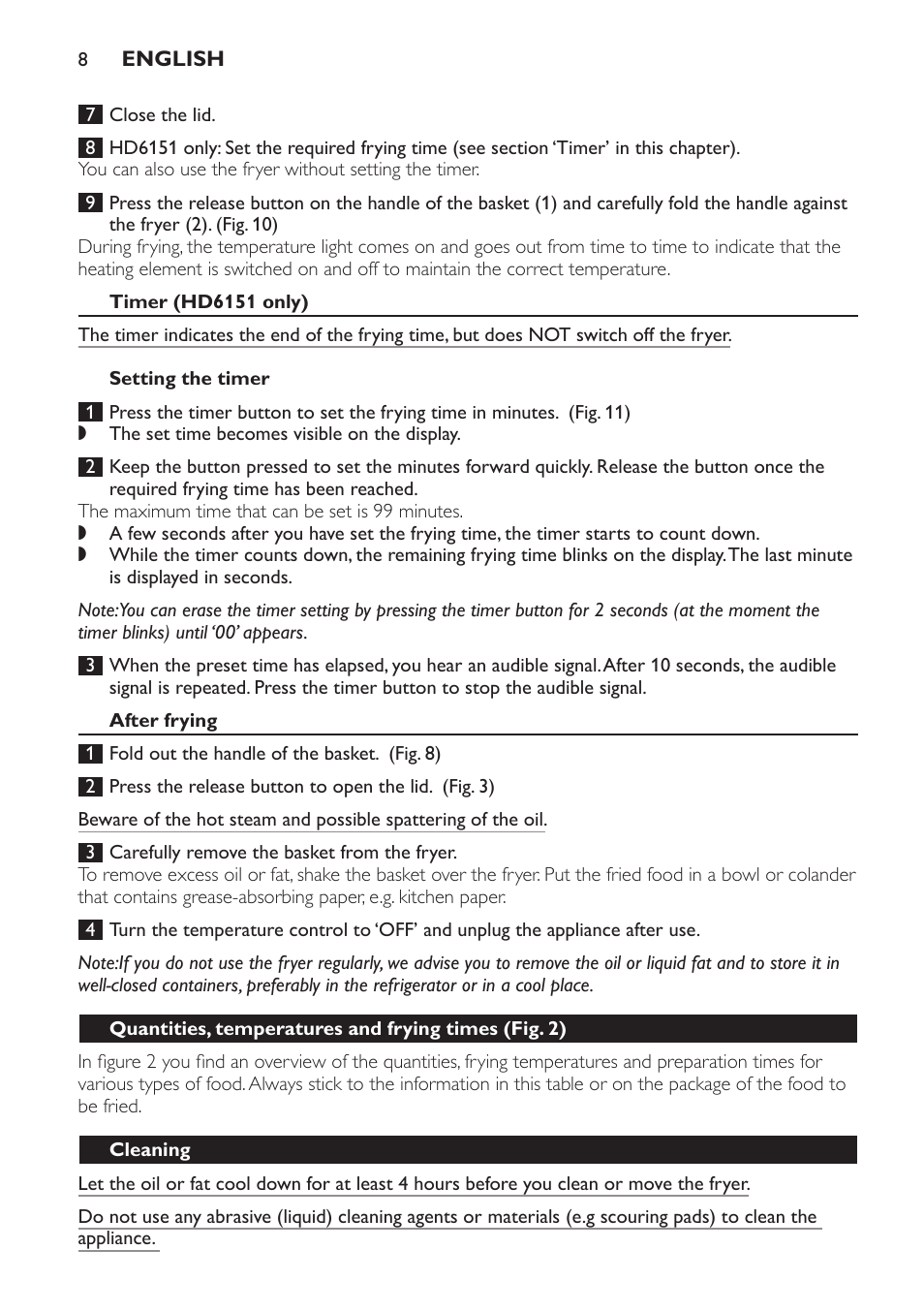 Timer (hd6151 only), Setting the timer, After frying | Cleaning | Philips Freidora User Manual | Page 8 / 92