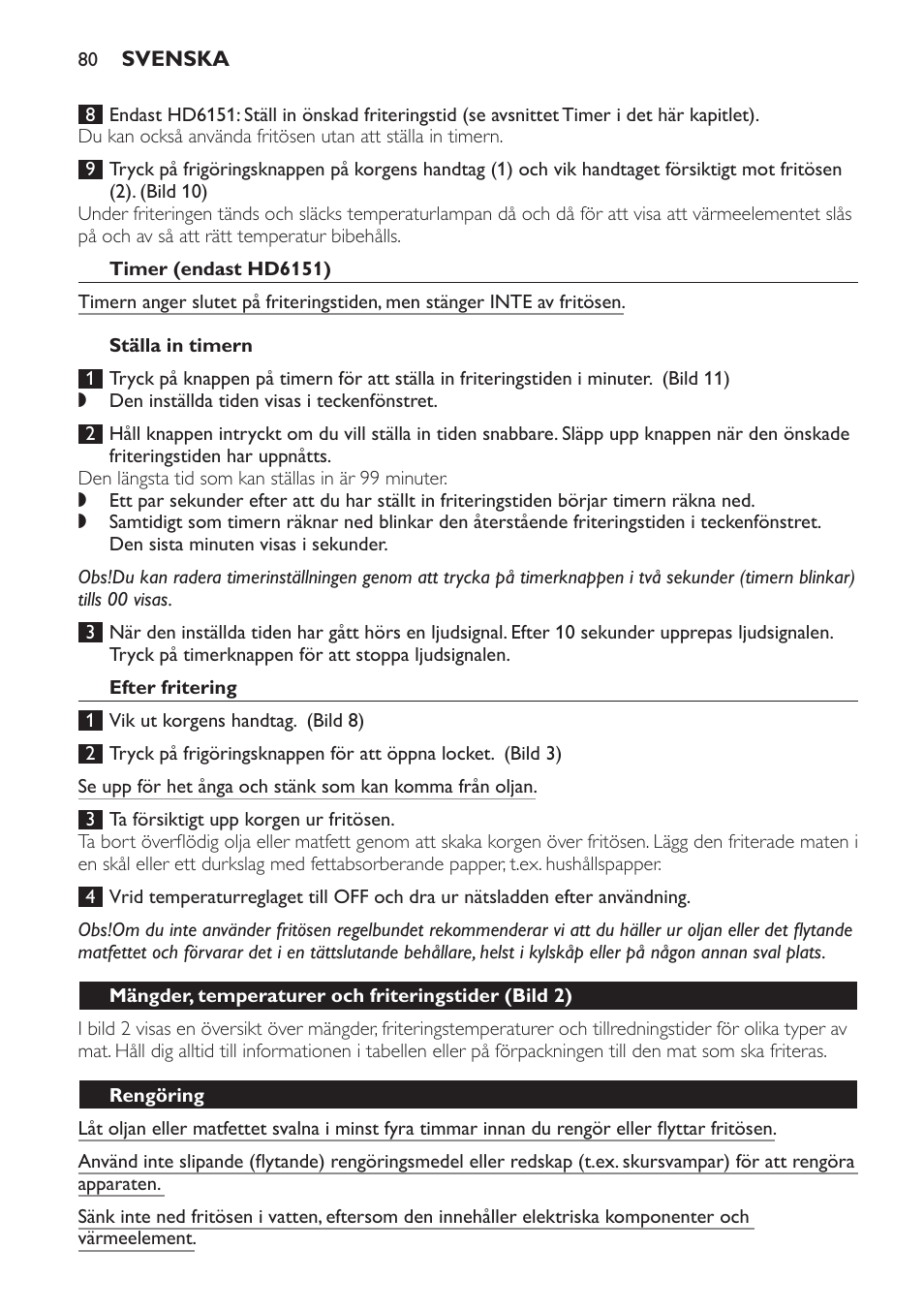 Timer (endast hd6151), Ställa in timern, Efter fritering | Rengöring | Philips Freidora User Manual | Page 80 / 92
