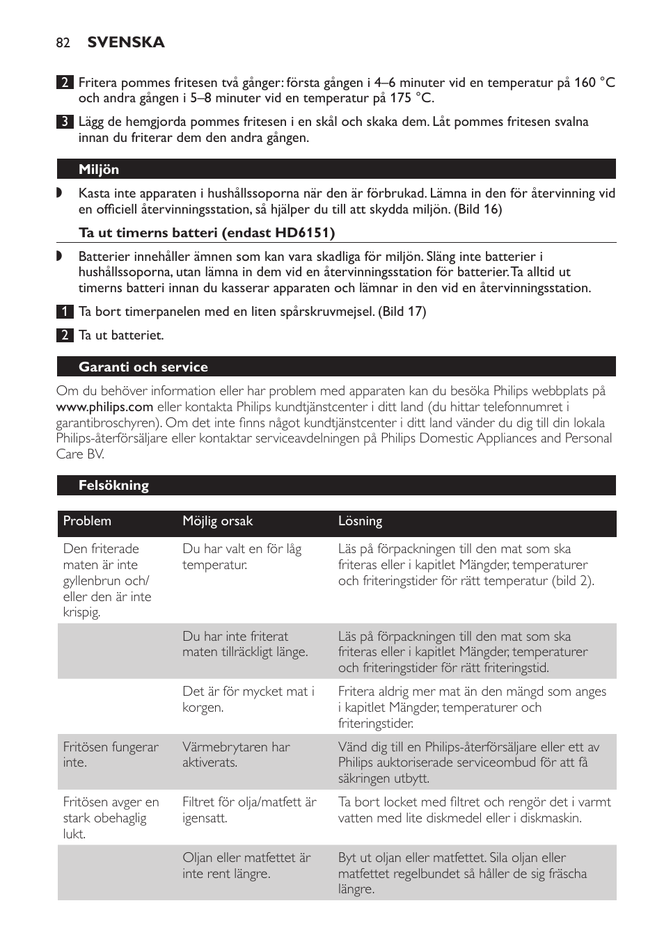 Miljön, Ta ut timerns batteri (endast hd6151), Garanti och service | Felsökning | Philips Freidora User Manual | Page 82 / 92