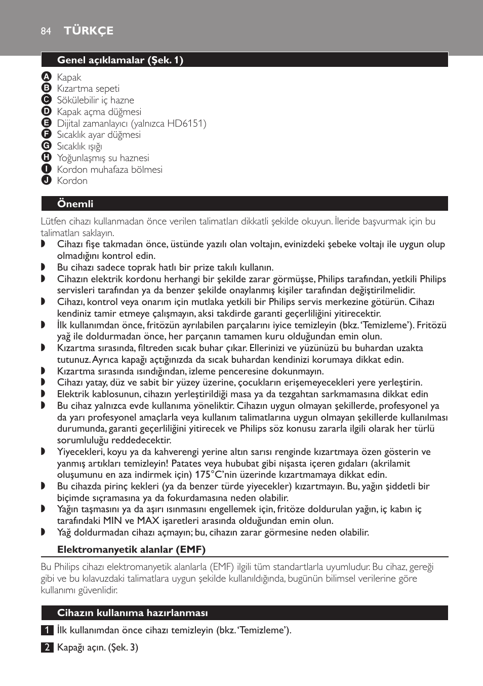 Türkçe, Genel açıklamalar﻿ (şek. 1), Önemli | Elektromanyetik alanlar (emf), Cihazın kullanıma hazırlanması | Philips Freidora User Manual | Page 84 / 92