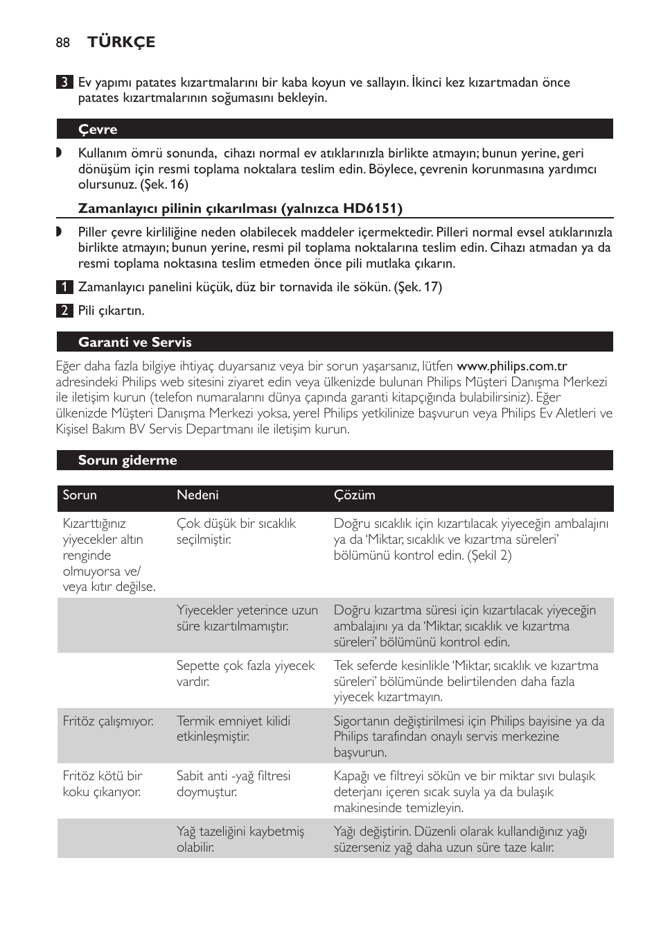 Çevre, Zamanlayıcı pilinin çıkarılması (yalnızca hd6151), Garanti ve servis | Sorun giderme | Philips Freidora User Manual | Page 88 / 92